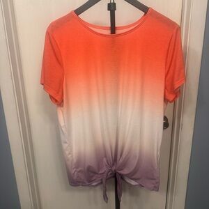 Ideology Ombre Tie Front Top Size Large Coral Purple Short Sleeve Active Tee